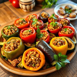 A beautifully arranged platter of stuffed vegetables, including bell peppers, zucchini, and eggplants, all perfectly cooked and filled with a savory mixture of rice, minced meat, and spices
