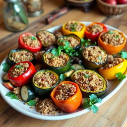 A beautifully arranged platter of stuffed vegetables, including bell peppers, zucchini, and eggplants, all perfectly cooked and filled with a savory mixture of rice, minced meat, and spices