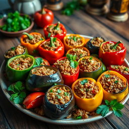 A beautifully arranged platter of stuffed vegetables, including bell peppers, zucchini, and eggplants, all perfectly cooked and filled with a savory mixture of rice, minced meat, and spices
