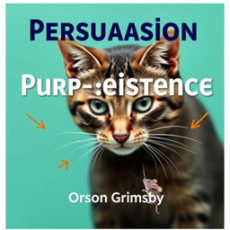 A flat book cover design titled 'Persuasion Purr-sistence' in large, bold letters at the top