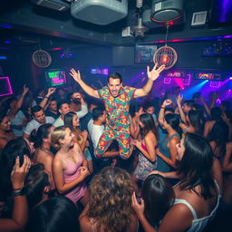A vibrant nightclub scene brimming with life, where a diverse crowd of people are joyfully dancing and socializing, lost in the excitement of the night