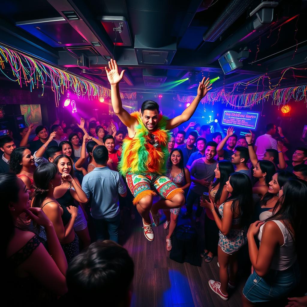 A vibrant nightclub scene brimming with life, where a diverse crowd of people are joyfully dancing and socializing, lost in the excitement of the night