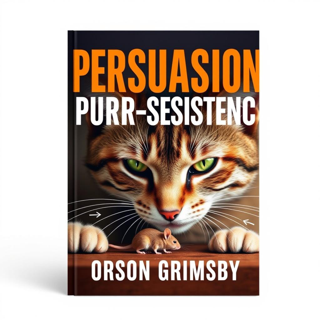 A book cover design featuring a large, bold title 'Persuasion Purr-sistence' prominently displayed at the top