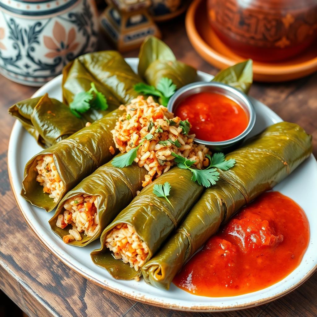 A beautifully arranged platter of Egyptian Mahshi, featuring vine leaves stuffed with a flavorful mixture of rice, herbs, and spices