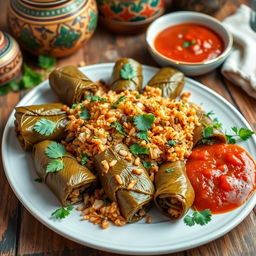 A beautifully arranged platter of Egyptian Mahshi, featuring vine leaves stuffed with a flavorful mixture of rice, herbs, and spices