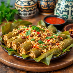 A beautifully arranged platter of Egyptian Mahshi, featuring vine leaves stuffed with a flavorful mixture of rice, herbs, and spices