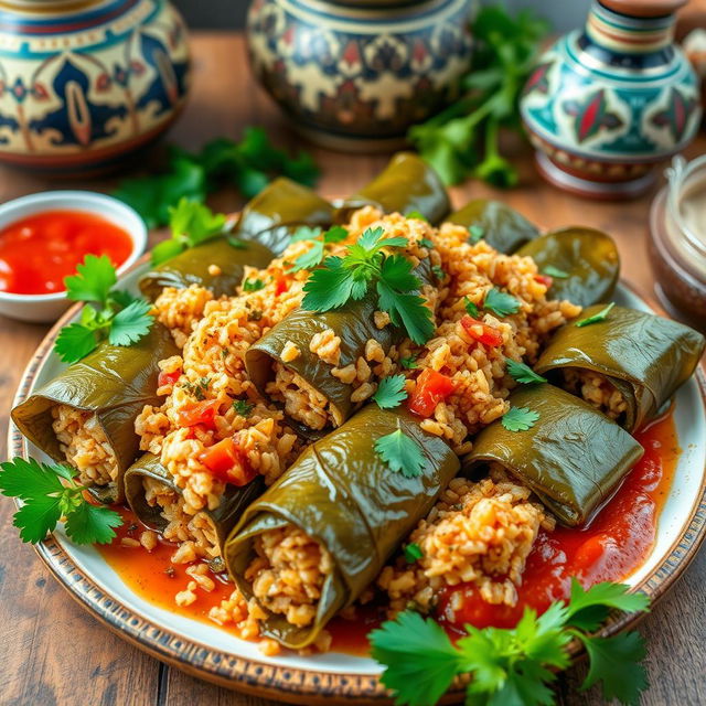 A beautifully arranged platter of Egyptian Mahshi, featuring vine leaves stuffed with a flavorful mixture of rice, herbs, and spices