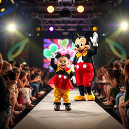 A vibrant photo capturing a dynamic fashion show on a stage, adorned with bright lights and a stylish presenter, surrounded by an engaged audience