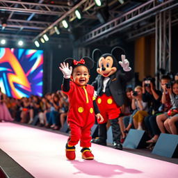 A vibrant photo capturing a dynamic fashion show on a stage, adorned with bright lights and a stylish presenter, surrounded by an engaged audience