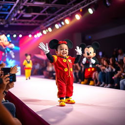 A vibrant photo capturing a dynamic fashion show on a stage, adorned with bright lights and a stylish presenter, surrounded by an engaged audience