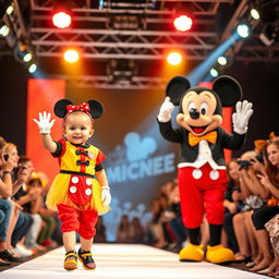 A vibrant photo capturing a dynamic fashion show on a stage, adorned with bright lights and a stylish presenter, surrounded by an engaged audience
