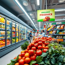 A vibrant and realistic supermarket scene featuring a large refrigerator packed with fresh produce and snacks