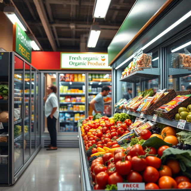 A vibrant and realistic supermarket scene featuring a large refrigerator packed with fresh produce and snacks