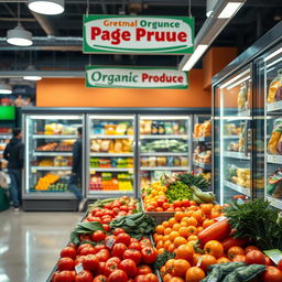 A vibrant and realistic supermarket scene featuring a large refrigerator packed with fresh produce and snacks