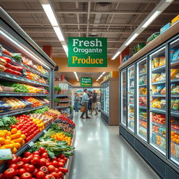 A vibrant and realistic supermarket scene featuring a large refrigerator packed with fresh produce and snacks