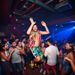 Inside a lively nightclub, filled with pulsating music and vibrant energy, there’s a man in the center of the dance floor, enthusiastically dancing like a kangaroo