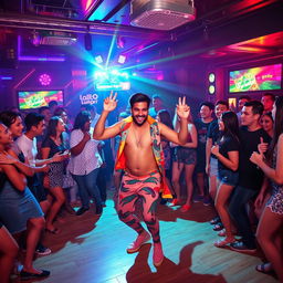 Inside a lively nightclub, filled with pulsating music and vibrant energy, there’s a man in the center of the dance floor, enthusiastically dancing like a kangaroo