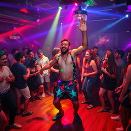 Inside a lively nightclub, filled with pulsating music and vibrant energy, there’s a man in the center of the dance floor, enthusiastically dancing like a kangaroo