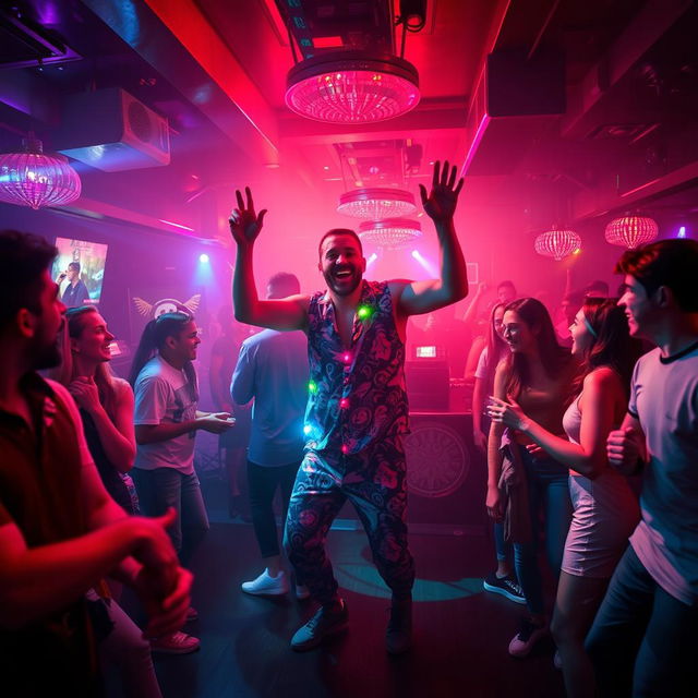 Inside a lively nightclub, filled with pulsating music and vibrant energy, there’s a man in the center of the dance floor, enthusiastically dancing like a kangaroo