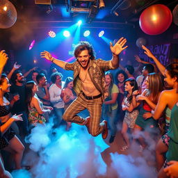 A lively scene inside a vibrant night club filled with colorful lights and energetic vibes