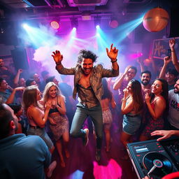 A lively scene inside a vibrant night club filled with colorful lights and energetic vibes