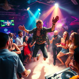 A lively scene inside a vibrant night club filled with colorful lights and energetic vibes