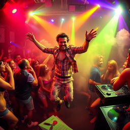 A lively scene inside a vibrant night club filled with colorful lights and energetic vibes