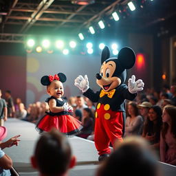 A lively and colorful scene from a fashion show taking place on a well-lit stage