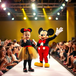 A lively and colorful scene from a fashion show taking place on a well-lit stage