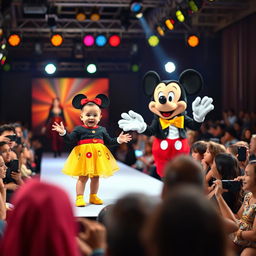 A lively and colorful scene from a fashion show taking place on a well-lit stage