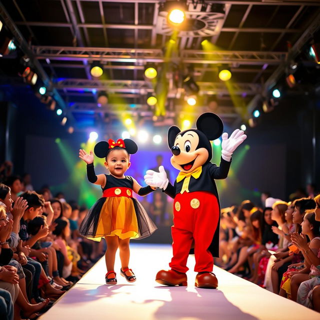 A lively and colorful scene from a fashion show taking place on a well-lit stage