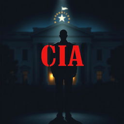 A flat cover design featuring a realistic depiction of a shadowy figure in a suit standing in front of a blurred iconic CIA building