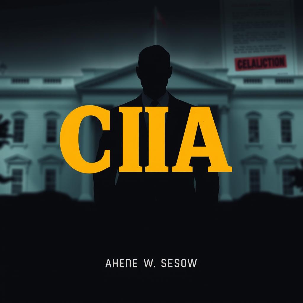 A flat cover design featuring a realistic depiction of a shadowy figure in a suit standing in front of a blurred iconic CIA building