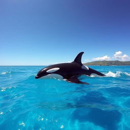 A beautiful ocean scene featuring a majestic killer whale (orca) swimming gracefully in the vibrant blue waters