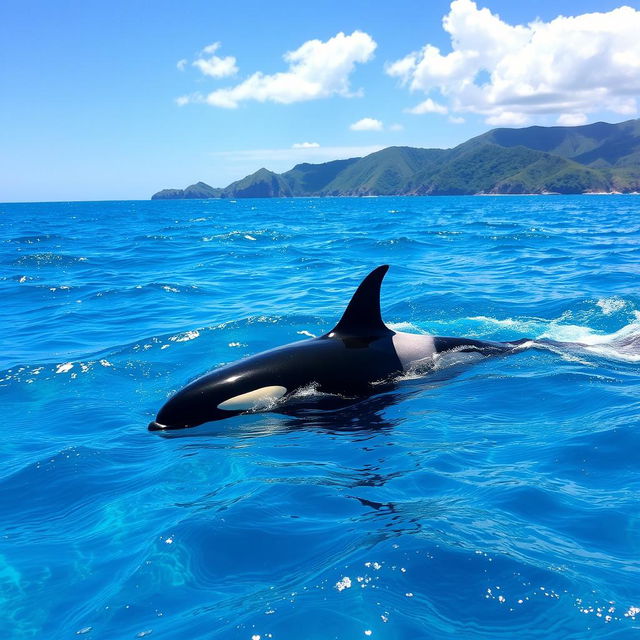 A beautiful ocean scene featuring a majestic killer whale (orca) swimming gracefully in the vibrant blue waters