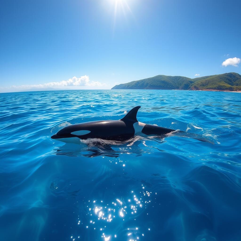 A beautiful ocean scene featuring a majestic killer whale (orca) swimming gracefully in the vibrant blue waters