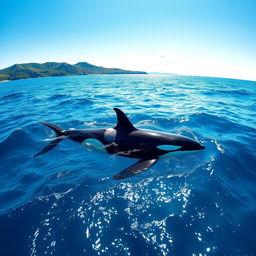 A beautiful ocean scene featuring a majestic killer whale (orca) swimming gracefully in the vibrant blue waters