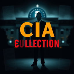 A flat graphic design cover featuring a shadowy figure in a suit, standing prominently in front of a blurred image of the iconic CIA building