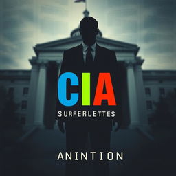 A flat graphic design cover featuring a shadowy figure in a suit, standing prominently in front of a blurred image of the iconic CIA building