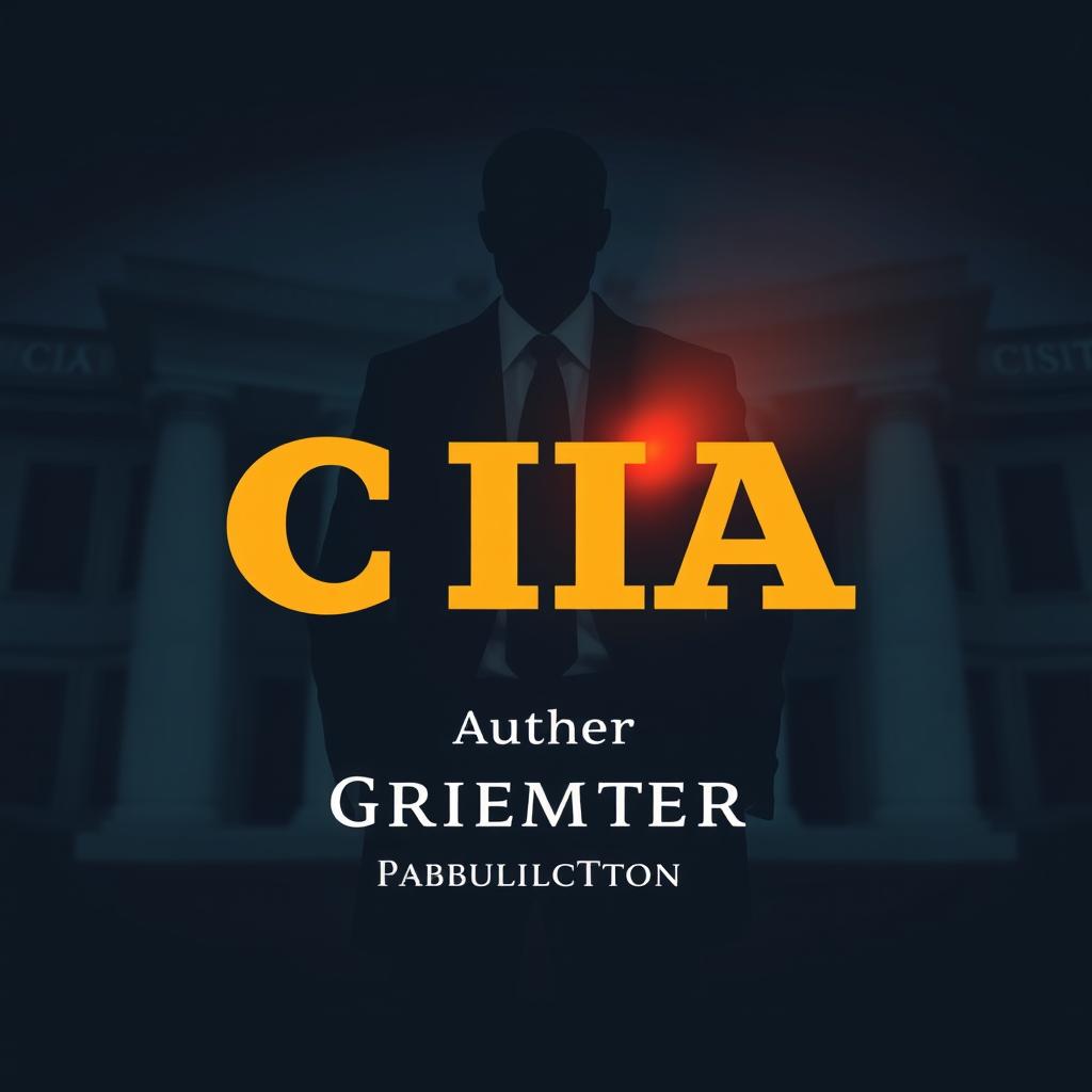 A flat graphic design cover featuring a shadowy figure in a suit, standing prominently in front of a blurred image of the iconic CIA building