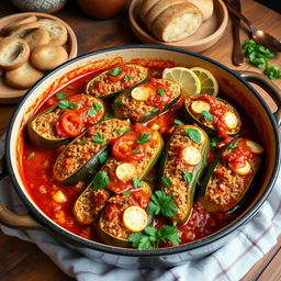 A traditional and delicious dish featuring stuffed zucchini, eggplant, and bell peppers filled with a mixture of bulgur, chopped onions, tomatoes, and eastern spices like cumin and coriander