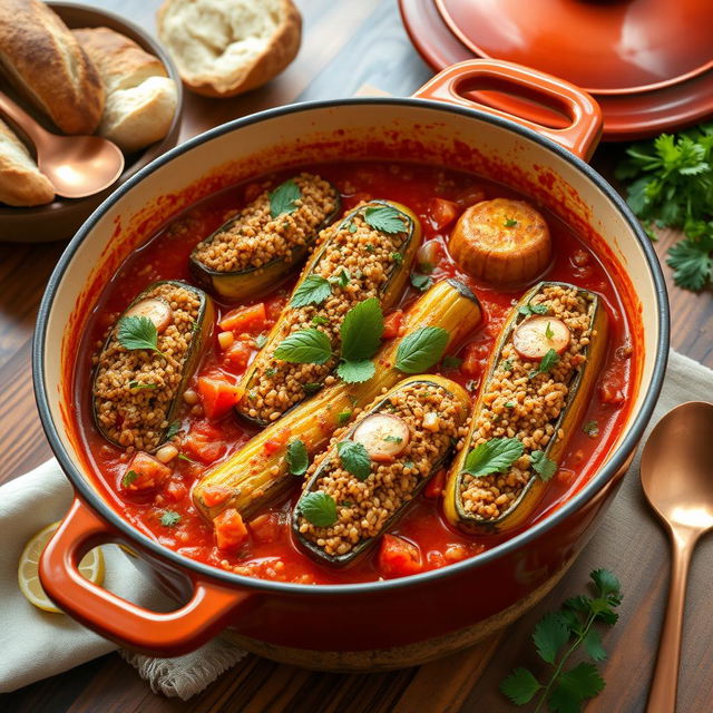 A traditional and delicious dish featuring stuffed zucchini, eggplant, and bell peppers filled with a mixture of bulgur, chopped onions, tomatoes, and eastern spices like cumin and coriander