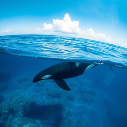 A beautiful ocean scene featuring a majestic orca whale swimming gracefully through clear blue waters