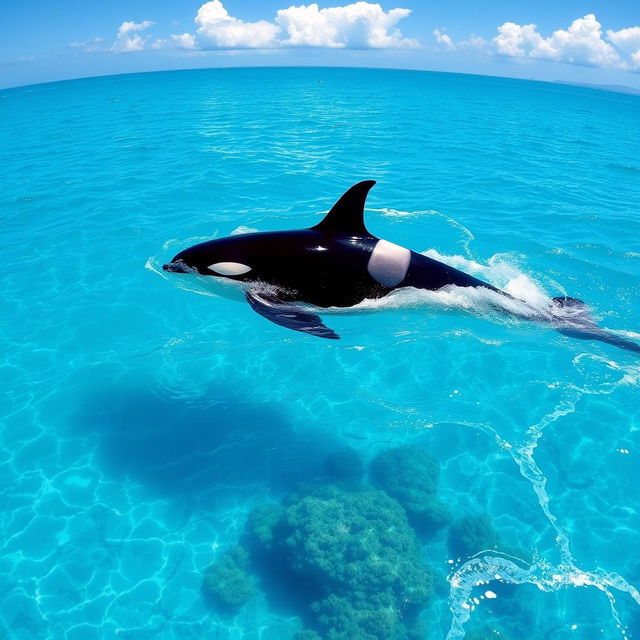 A beautiful ocean scene featuring a majestic orca whale swimming gracefully through clear blue waters