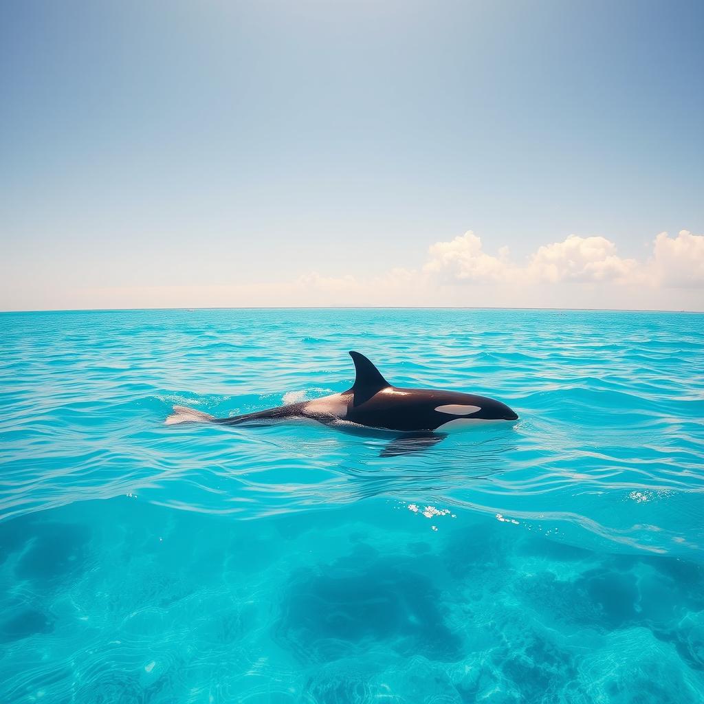 A beautiful ocean scene featuring a majestic orca whale swimming gracefully through clear blue waters