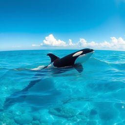 A beautiful ocean scene featuring a majestic orca whale swimming gracefully through clear blue waters
