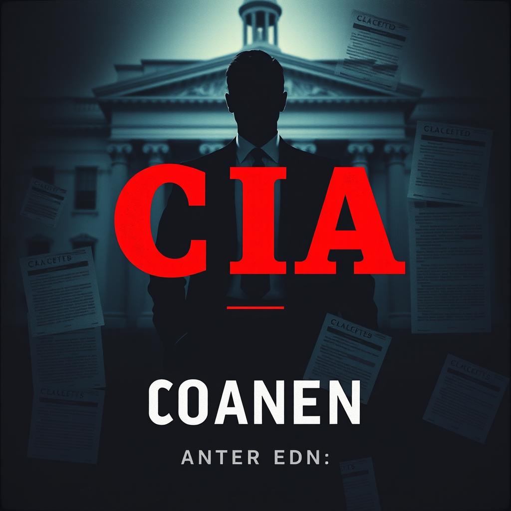 A flat cover design featuring a realistic depiction of a shadowy figure in a suit, standing confidently in front of a blurred, iconic CIA building