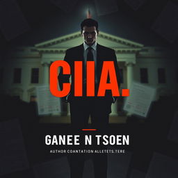 A flat cover design featuring a realistic depiction of a shadowy figure in a suit, standing confidently in front of a blurred, iconic CIA building