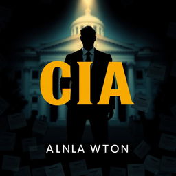 A flat cover design featuring a realistic depiction of a shadowy figure in a suit, standing confidently in front of a blurred, iconic CIA building