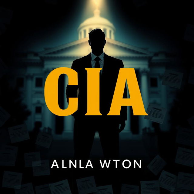 A flat cover design featuring a realistic depiction of a shadowy figure in a suit, standing confidently in front of a blurred, iconic CIA building